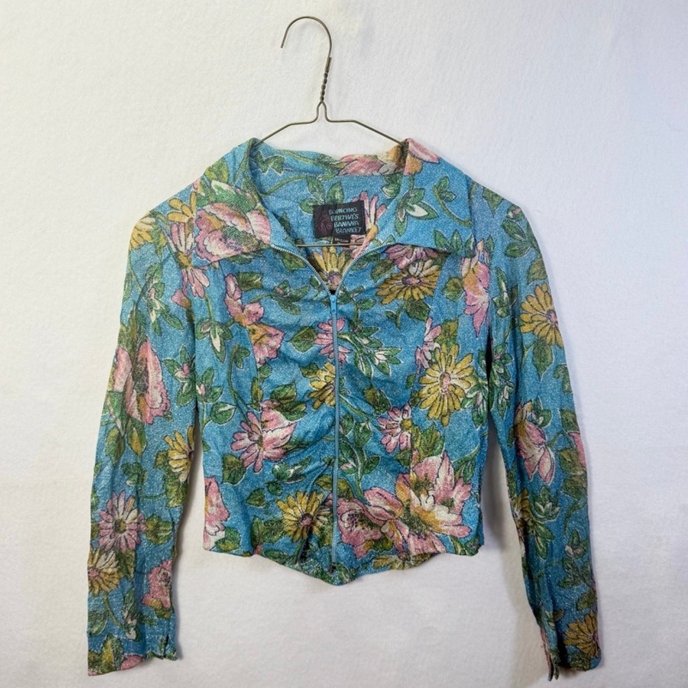 70s Disco Glam Metallic FloralVintage Zip Jacket Bouncing Bertha Blue Pink Sz 9 - Picture 5 of 13